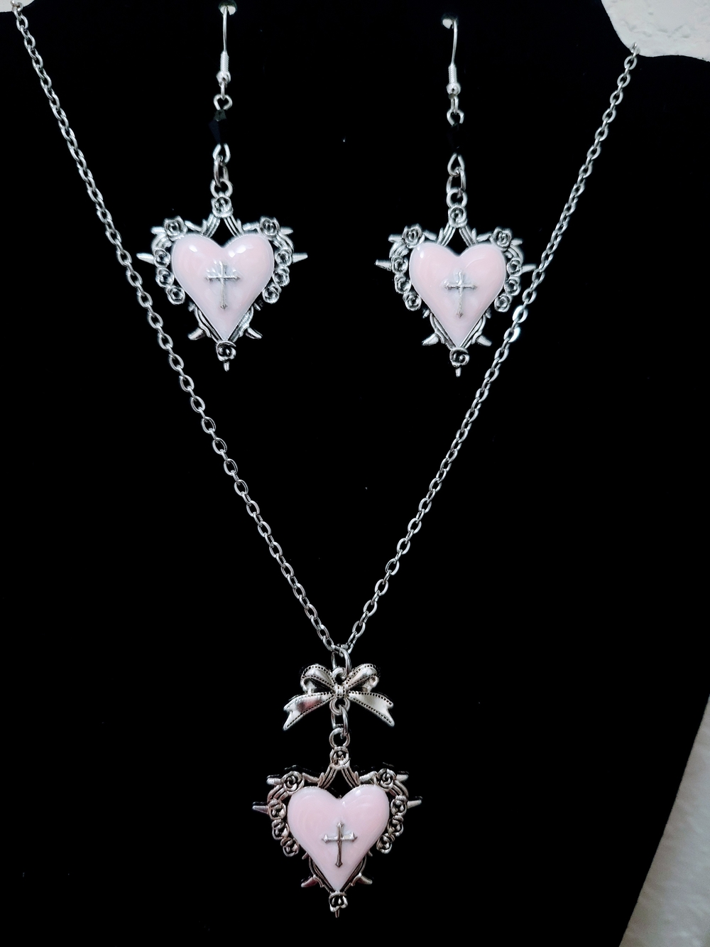Pink Heart Cross Necklace and Earring Set - Women's Jewelry